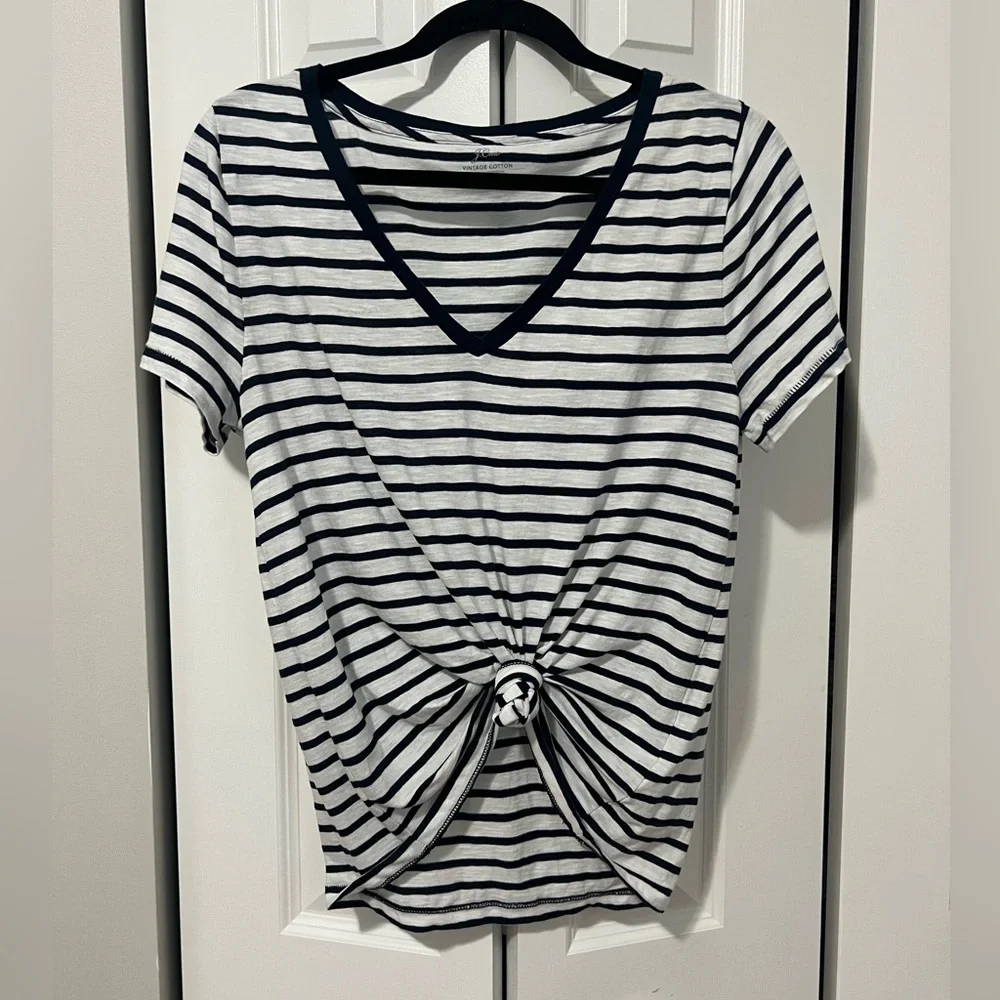 NWT J. Crew Striped V-Neck Knot Front 100% Cotton Top - Summer Coastal (Size L)